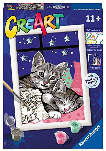 Ravensburger - Creart E: Dulces Gatitos | Pintar por Numeros Niños | Kit Manualidades Niños 11 Años | Kit Pintura Niños Completo | Regalo Niña con Pegatinas Glitter | Incluye Marco 18x13cm