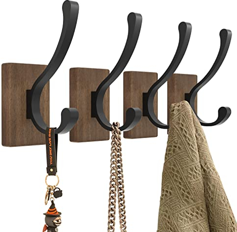 susswiff Wood Hooks for Hanging Coats - 4 Pack Coat Hooks Wall Mounted, Wooden Wall Hooks for Hanging Hats, Keys, Towels, Robe, Purse