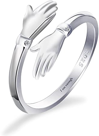 Qings Stapelbarer Umarmungs Ring mit I am Enough-Gravur Silber 925, Freundschafts Umarmungs Ringe Band für Bester Freund Wickelringe Umarmen Finger Schmuck