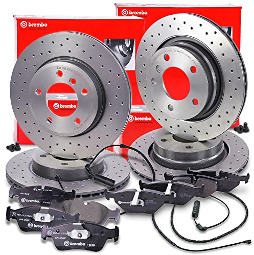 BREMBO XTRA LINE Bremsenset inkl Gelochte Sport-Bremsscheiben Vorne Ø 300 mm Belüftet + Hinten Ø 294 mm Belüftet + Bremsbeläge Vorne und Hinten + Verschleißkontakt, Kompatibel mit BMW 3er (E46)