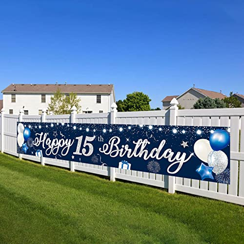 Geburtstag Banner 15, Happy 15th Birthday Banner Blau Silber, Alles Gute zum Geburtstag Banner, 210x40cm Extra Lange Hof Banner, Stoff Zeichen Poster Hintergrund Dekorationen für Kinder Jungen Party
