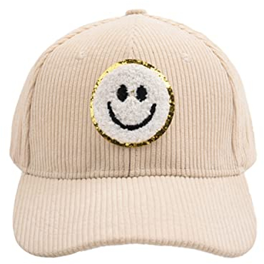 ProMindFun Damen Winter Cord Baseball Cap Herren Smiley Gesicht Hut 3D Patch Bestickt Einstellbar Trucker Kalte Hüte, 03-beige, 7-8