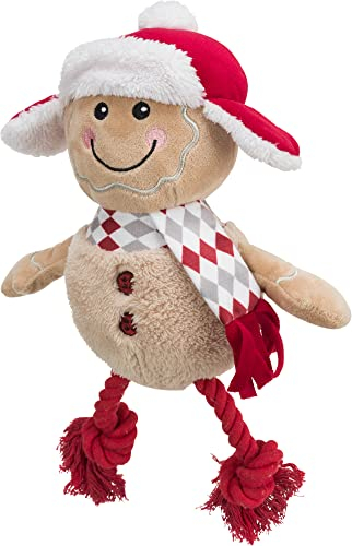 Trixie Christmas Plush Dog Toys with Rope and Squeaker (Gingerbread Man 34cm)