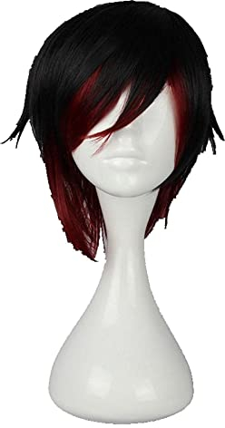 WELLHY Cosplay Perücke Red Trailer Ruby Rose Hoodie Short Black Red Ombre Hitzebeständige Cosplay Perücke for Coser