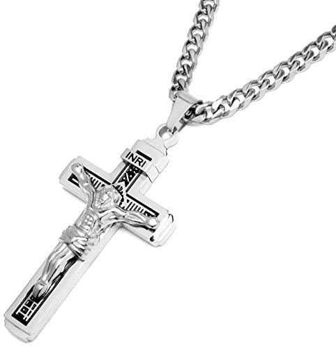 Schmuck-Checker Herren Kreuz-Anhänger mit Halskette aus 316L Edelstahl silber gold Jesus Kreuz Panzerkette Männer Schmuck Geschenk (Silber)