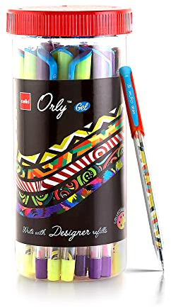 Cello Orly Gelschreiber im Glas, 25 blaue und 5 schwarze Tintenstifte, ästhetischer Gelschreiber für Studenten, 0,6 mm Spitzengröße, Gelstifte-Set