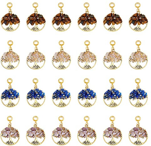 DICOSMETIC 32 Pz 4 Colori Ciondoli Albero della Vita Ciondoli con Pietre di Cristallo di Quarzo Dorato Piatto Rotondo Ciondoli Pietre Fortunate Ciondoli per Creazione di Gioielli, Foro: 4.5mm