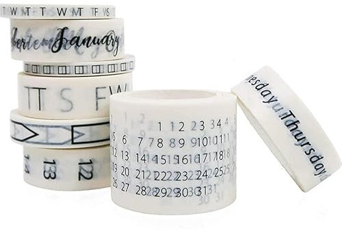 LiuliuBull Washi-Tape-Set, 8 Stück, Datum, Tag, Woche, Monat, Zahlen, Kalender, Washi-Abdeckband, Abdeckband für Kunst, Handwerk, Tagebuch, Planer