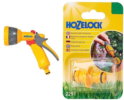 HOZELOCK - Multi-Jet Spray Gun : Ideal for Daily Use, Multi-Tasking Spray Gun, Locking Function and Flow Control, 5 Spray Patterns: Cone, Jet, Fast Fill, Fine & Hozelock 2291 Double Male Connector