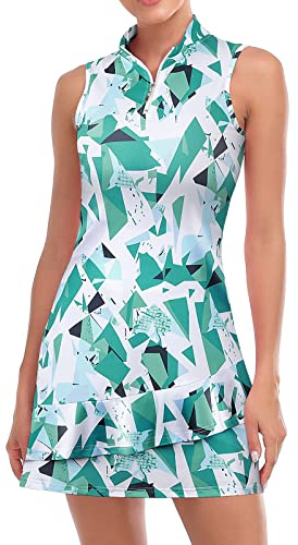 Viracy Tennis Clothing Dress for Women Sleeveless Golf Clothes Women Dresses with Shorts and Pockets Ruffle Zip Up Stand Collar Golf Outfits, Green Geometry, XS