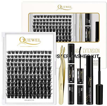 Grappe de cils, QUEWEL 144 pièces ensemble d'extensions de cils bricolage, Outil Applicateur de Cils en Cluster, Colle à Cils Super Tenue et Scellant pour Extensions de Cils DIY (QU-H-DH-05)
