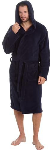MICHAEL PAUL Dressing Gowns for Men | Super Soft Luxury Hooded Dressing Gown Black Grey Navy | Men's Warm and Cozy Fleece Nightwear Robe | Gifts for Men L NAVY