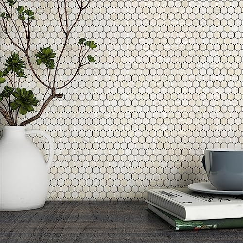 BeNice Metal Mini Hexagon Stick on Mosaic Tiles Stickers for Kitchen Splashback Self Adhesive Wall Fireplace(5 Sheets,Greyish White)