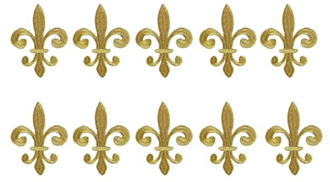 Lot de 10 écussons brodés en forme de lys dorés à thermocoller ou à coudre pour loisirs créatifs, décoration, jeans, vestes, vêtements, sacs, sac à dos (6,3 x 8,5 cm)