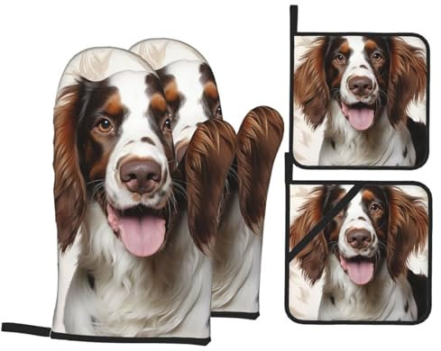 Cute Springer Spaniel Print Oven Mitts And Pot Holders 4 Piece Set Heat Resistant Non-Slip Oven Gloves And Hot Pads For Kitchen Cooking Bbq