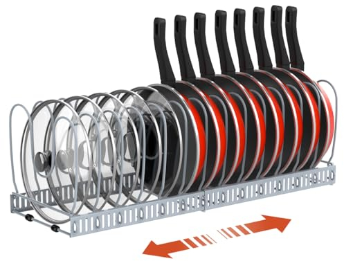 Housolution Pfannenhalter für Schublade, Erweiterbarer Topfdeckelhalter mit 14 Verstellbaren Teiler, Topfdeckel Aufbewahrung Pfannen Organizer Deckelhalter für Küche, Grau