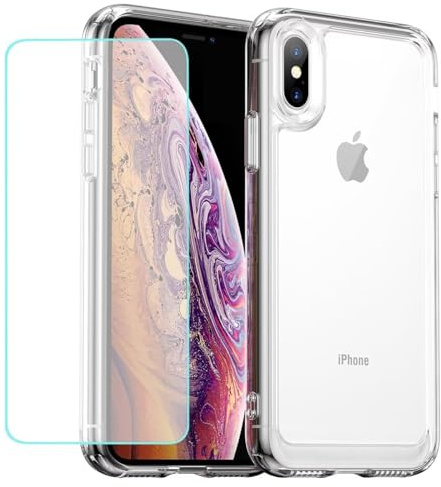 Wanyuexes Case for iPhone Xs Case, iPhone X Case with Tempered Glass Screen Protector, Anti Yellowing Clear Hard PC Back & Soft TPU Bumper Protective Phone Cover for iPhone Xs Crystal Clear
