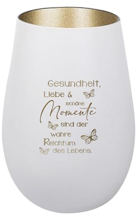 Der-Porzellan-Laden Windlicht mit Gravur Weiß Gold Teelichthalter aus Glas | Gesundheit Liebe schöne Momente, mit Spruch, Tischdeko modern