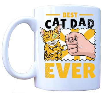 MILLHOUSE PRINTS Best Cat Dad Ever 11oz Ceramic Mug - Double-Sided Cat and Human Fist Bump Graphic - Dishwasher Safe Coffee Cup for Cat Lovers