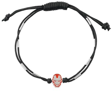Marvel Armband mit dem Kopf von Iron-Man aus Sterlingsilber und verstellbarem schwarzem Lederband für Kinder, 18 cm