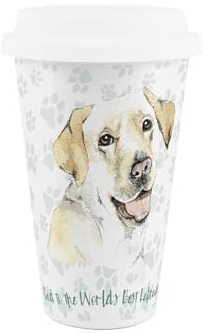 Purely Home World's Best Labrador Dog Ceramic Travel Mug - Novelty Gifts for Dog Dads - Reusable Silicone Lid Double-Walled Insulated Hot/Cold Drinks Tea Coffee Cup