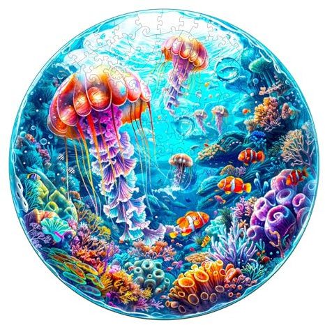 Jigfoxy Wooden Jigsaw Puzzles for Adults, Ocean Wooden Puzzles for Adults 300pcs, Unique Animal Shape Wood Puzzles, Birthday Gifts for Family Friend with with wooden box(13.4 * 13.4in)