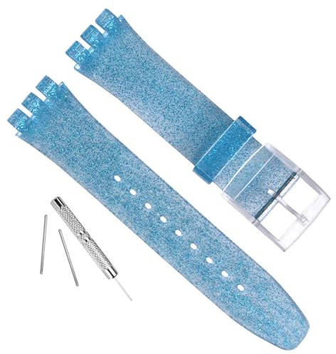 GREENOLIVE Bracelet de montre de rechange en caoutchouc de silicone pour Swatch (17 mm, 19 mm, 20 mm) (17 mm, bleu scintillant)