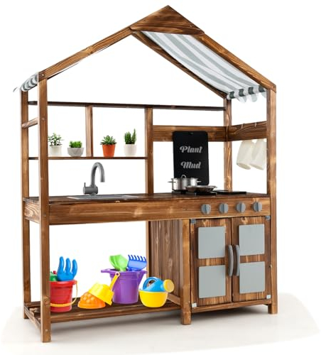 HOMASIS Matschküche Kinder Outdoor, Spielküche Holz mit Vordach, Kinderküche mit Tafel/Spüle/4 Herden/Pfanne/Topf/Kochgeschirr/Blumentöpfen Gartenspielkücheset für Kinder ab 3 Jahren, Braun
