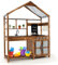 HOMASIS Matschküche Kinder Outdoor, Spielküche Holz mit Vordach, Kinderküche mit Tafel/Spüle/4 Herden/Pfanne/Topf/Kochgeschirr/Blumentöpfen Gartenspielkücheset für Kinder ab 3 Jahren, Braun