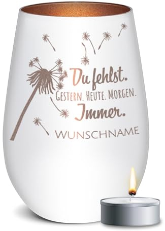 PR Print Royal Trauer Windlicht mit Gravur - Du fehlst - mit Name gravieren - Trauergeschenk, Gedenklicht, Geschenke für Trauernde | inkl. Teelicht, 450 ml, Weiß/Bronze