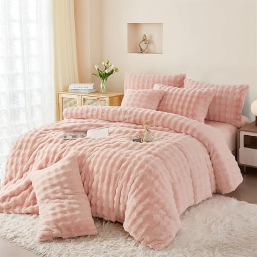 Boqingzhu Plüsch Bettwäsche 135x200cm Rosa Pink Uni Einfarbig Kuschelig Flauschig Warm Winter Flanell Fleece Wende Bettwäsche Set Kaninchen Kunstfell Bettbezug und Kissenbezug 80x80cm