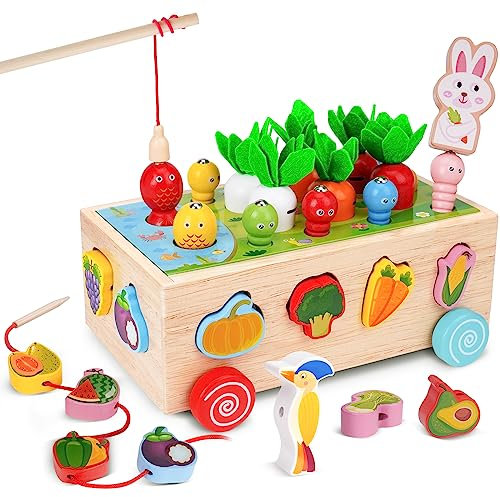 Goffii Montessori Spielzeug, Kinder Baby 8-in-1 Holzspielzeug, Bauernhof Autos, Karotten ernten Sortier Stapelspielzeug, Hand Auge Koordination Motorikspielzeug ab 3 4 5 Jahr Mädchen Jungen Geschenk