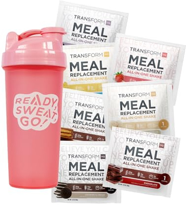 TransformHQ Meal Replacement Shake Variety Box With Pink Shaker, 7 Single-Serving Shake Packs