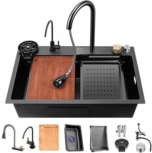 Black Kitchen Sink 304 Stainless Steel Undermount/Drop in Waterfall Single Bowl Kitchen Workstation Sink with Pull-Out Faucet & Accessories (Rainfly, 68CM)