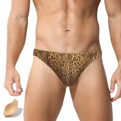 Ausing Slip da bagno da uomo, corto, aderente, sexy, mini pantaloni da nuoto, ad asciugatura rapida, classico, motivo leopardato, per nuoto, sport acquatici, spiaggia, piscina, EU S-XL, gold, M