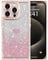 ROSEHUI for iPhone 15 Pro Case Glitter,Rectangle Clear Sparkly Phone Case with Bling Rhinestone Cute Heart Pattern Glitter Paper,Camera Protective TPU Shockproof Cover for Women Girls-Rose Gold