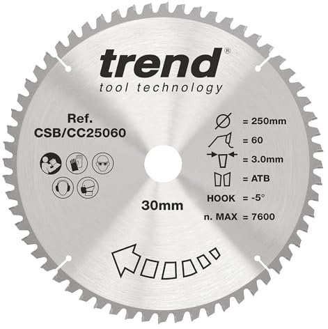 Trend Wood Mitre Saw Blade, 250mm Diameter, 30mm Bore, 60 Teeth, 3mm Kerf, -5° Hook, TCT, Fine Finish, CSB/CC25060