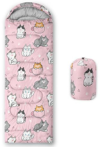 HOSIMA Kinder-Schlafsack für Jungen und Mädchen, mit Katzendruck, leicht, warm, tragbar, für drinnen und draußen, wasserdicht, kältebeständig, für Camping, Wandern (Cats-a)