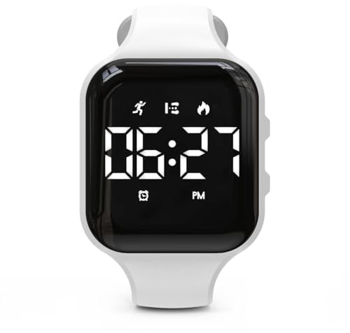 Focwony Orologio digitale per bambini, contapassi, contapassi, orologio digitale, contapassi, distanza, calorie, sveglia, ottimo regalo per bambini, adolescenti, ragazze e ragazzi (quadrato bianco)