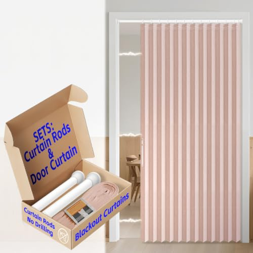 AJAZZ 100% Blackout Accordion Magnetic Door Curtain Closet Door Curtain Invisible Applicable Bedroom Room Living Room Doorway (1 Pack, 54 W x 78 L, Pink+Rod)
