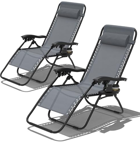 Kidsbuddy Sonnenliege,Liegestuhl Klappbar,Gartenliege,Tragbare Gartenstuhl mit Kopfkissen,Becherhalter,Verstellbarer Rückenlehne,Tragbare Relaxliege,Klappstuhl für Outdoor Garten Terrasse,Grau，2PCS