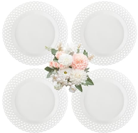 Large White Dinner Plates 12 inch, Ceramic Dinner Plates Set of 4, Basketweave Wide Rim Stackable Hotel Value Round Coupe Shape for Restaurant, Kitchen, Party, Home, Gifts, Microwave Dishwasher Safe