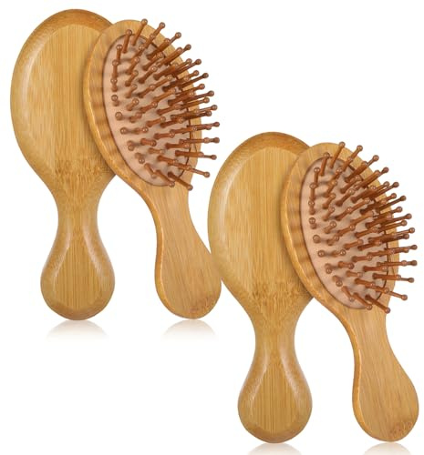 2 Stück Haarbürste Klein, Haarbürste Holz aus natürlichem Bambus mit kompaktem Design, leichtes Material für sanfte Kopfhautmassage, Reisen, Frauen Männer Kinder und alle Haartypen