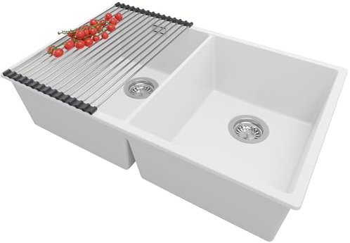 PRIMAGRAN Fregadero Cocina Blanco 76x47cm, Granito 2 Senos + Sifón + Enrollable Escurridor, Sobre encimera al mueble 80cm - London Slim Twin S020