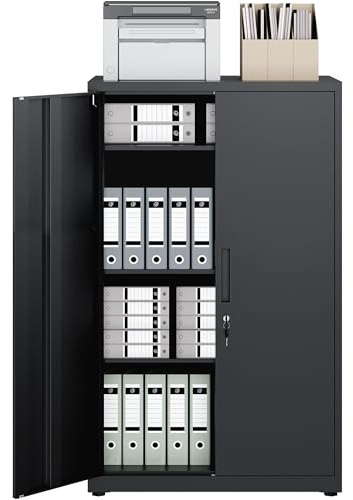 LAND·VOI 4-Tier Lockable Tall Storage Cabinet, Adjustable Shelves Double Door Cupboard 40×80×131.5cm Black