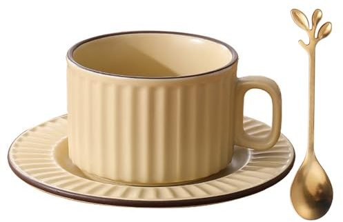 All-Pie Ceramic Cappuccino Cups with Saucers and Spoon,Coffee,Tea Cup - 250 ml/8.8 oz, Matte Retro (Yellow)