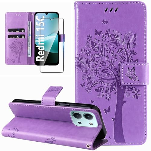 Dcjlbo Coque pour Xiaomi Redmi 15C 4G/5G Antichoc Etui Protection-Violet | Étui avec Verre Trempé Motif Porte Carte,Portefeuille Cuir Housse Rabat,Support Réglable Antidérapante à Rabat Pochette Case