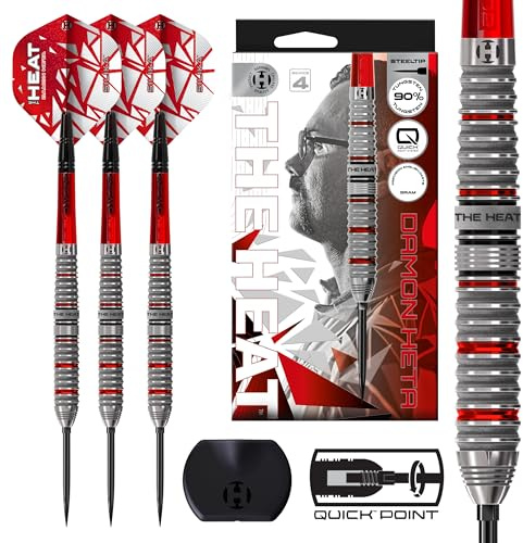 Harrows Damon Heta 90% Tungsten Darts Serie 4, Steeltip Darts Set mit Quick Point System, erhältlich in 21g, 23g, 24g & 25g mit Quick Point Tool, roten Alamo VS2 Shafts & Silika Flights (24g)