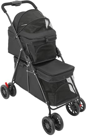 2-Lagiger Haustierwagen mit Netzfenster, Bremse und Aufbewahrungstasche Faltbarer Doppeldeck Hundewagen für Hunde & Katzen 15kg-20kg Tragkraft (Schwarz)