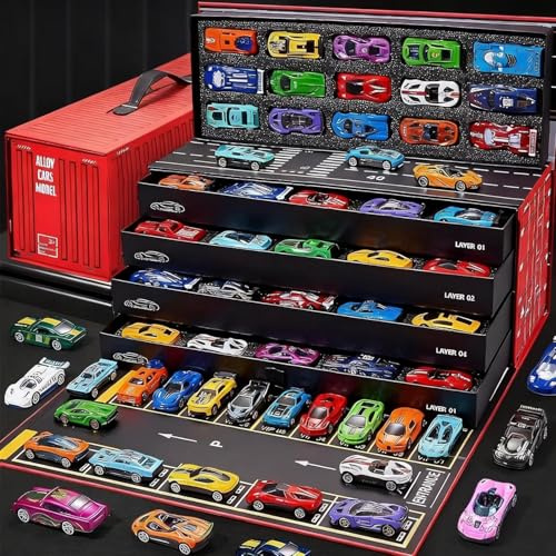 48 Mini Voitures À Friction avec Garage Intégré, 48/60 Voitures De Course Miniatures en Alliages, Véhicules Moulés sous Pression À Friction avec Garage À Plusieurs Niveaux Et Circuit De Jeu